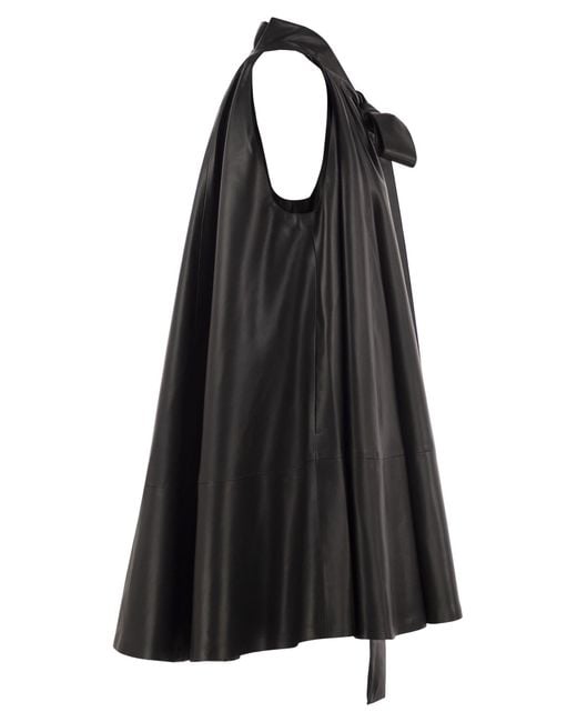7 For All Mankind Black Faux-Leather Midi Dress With Bow Detail