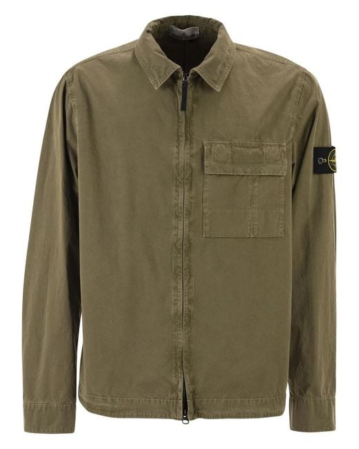 Stone Island Green Regular Fit Overshirt With Zip And Pocket for men