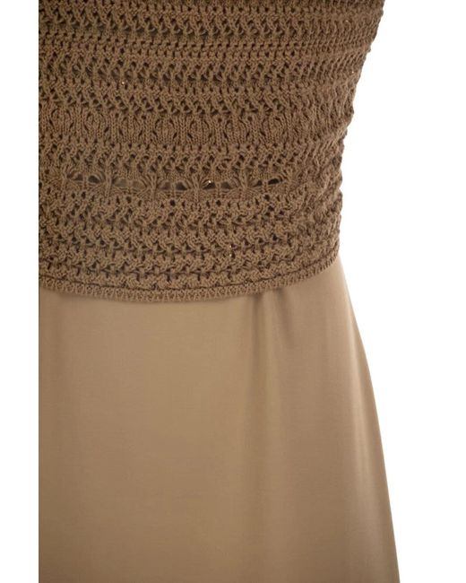 Fabiana Filippi Brown Midi Dress With Crochet Bodice And Fluid Skirt