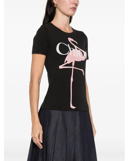 Chloé Black Classic "Flamingo Print" T-Shirt
