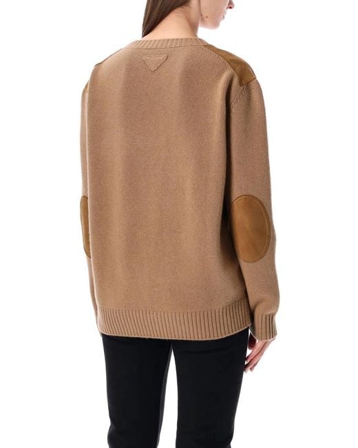 Prada Natural Wool And Cashmere Sweater With Lambskin Front