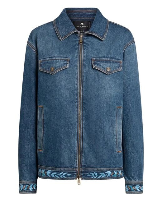 Etro Blue Loose Fit Denim Jacket With Embroidery