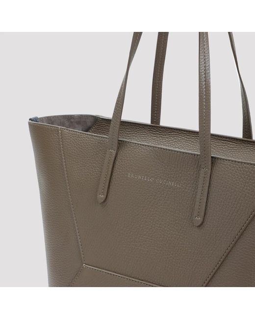 Brunello Cucinelli Brown Mud Grained Leather Duo Medium Bag
