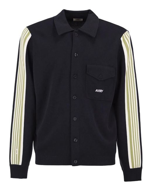 Autry Blue Knitted Jacket With Buttons And Side Stripes for men