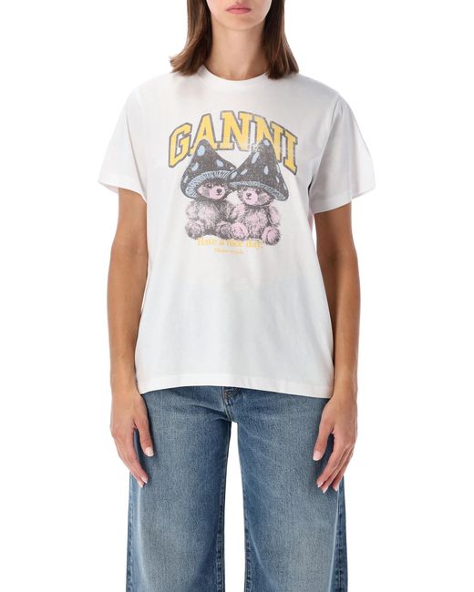 Ganni White Basic Tshirt Ss Teddy Mushrooms
