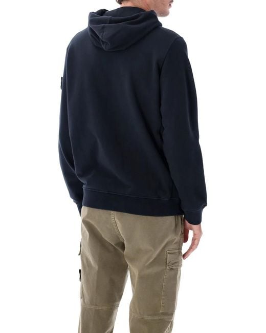 Stone Island Blue Brushed Organic Cotton Full-Zip Hoodie With Drawstring Hood And Badge Detail for men