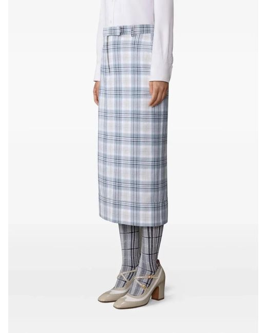 Thom Browne Blue Jupe Droite Sack En Coton Windowpane Plaid Bleu Glacier