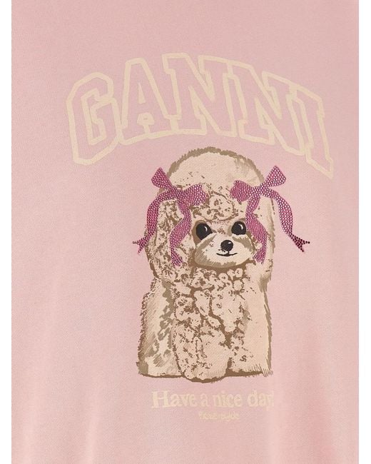 Ganni Pink Front Print Sweatshirt