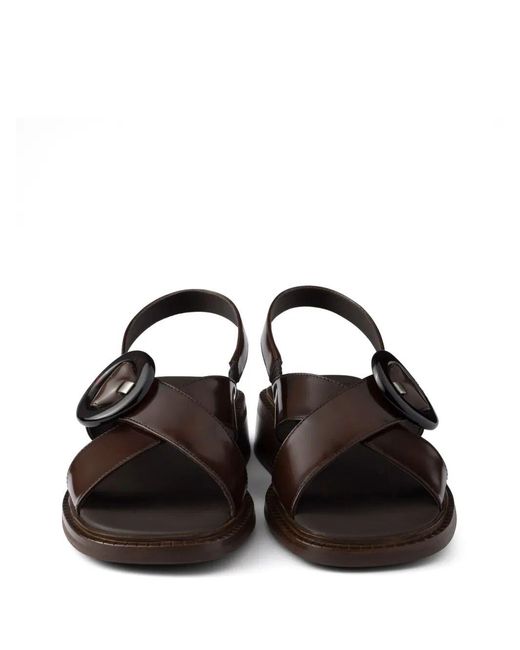 Prada Black Brushed Leather Crisscross Band Sandals With Plexiglas Buckle Shoes