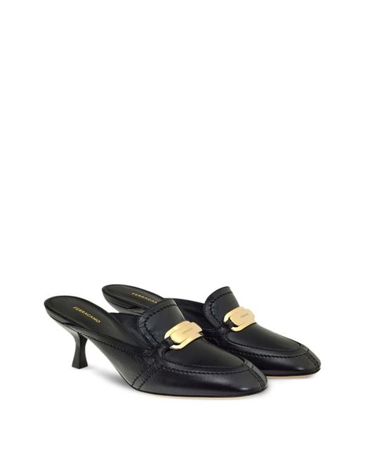Ferragamo Black Crocodile-Effect Leather Flats