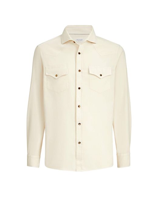 Brunello Cucinelli White Butter Leisure Fit Western Shirt for men