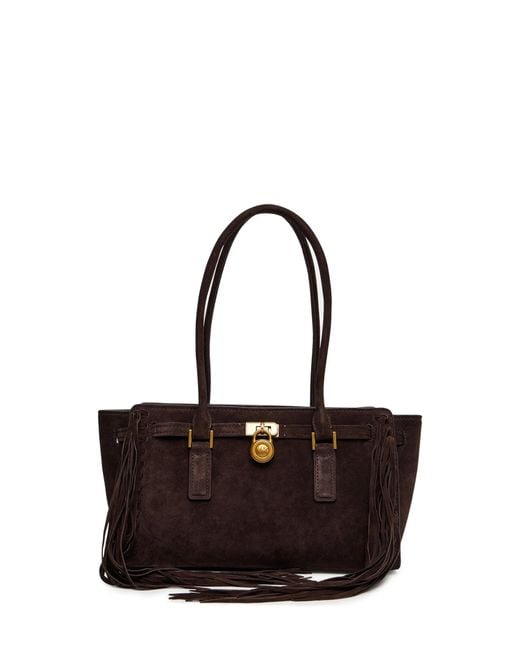 Michael Kors Black Hamilton Moderne Small Suede Logo Satchel With Fringes