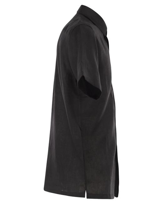 PT Torino Black Short-Sleeved Linen Shirt for men
