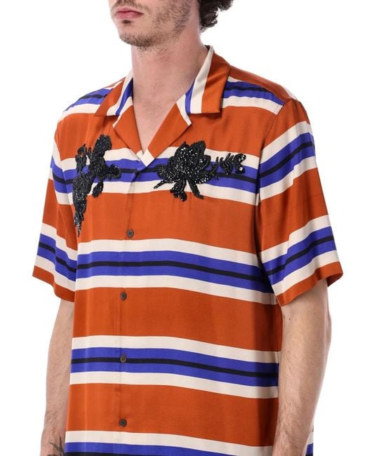 Dries Van Noten Blue Striped Floral Embroidery Shirt for men