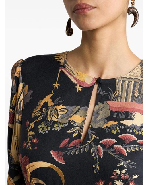 Etro Black Crepe Midi Dress With Flower And Animal Motif