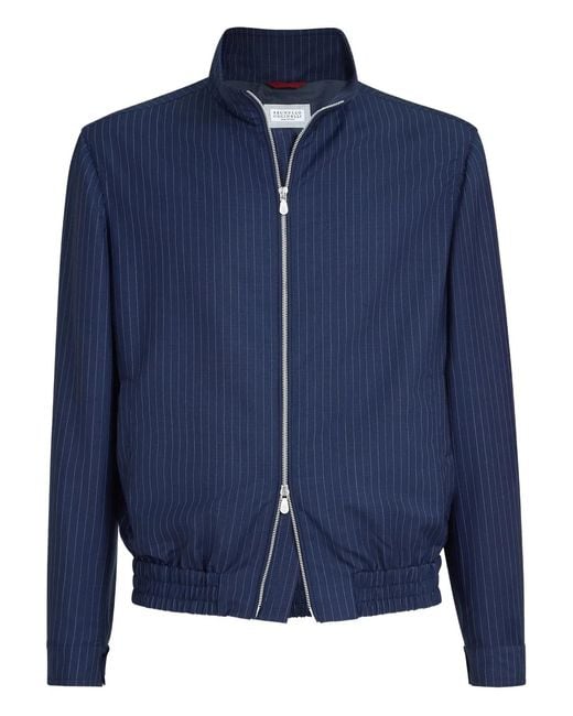 Brunello Cucinelli Blue Pinstripe Stand-Collar Jacket for men