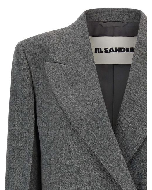 Jil Sander Gray Double-Breasted Textured Wool Blazer With Flap Pockets