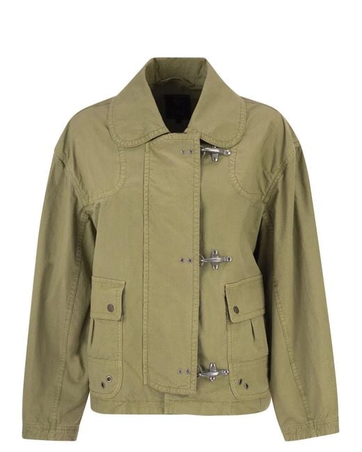 Fay Green Cropped Technical Cotton Jacket With Signature Hook Fastening
