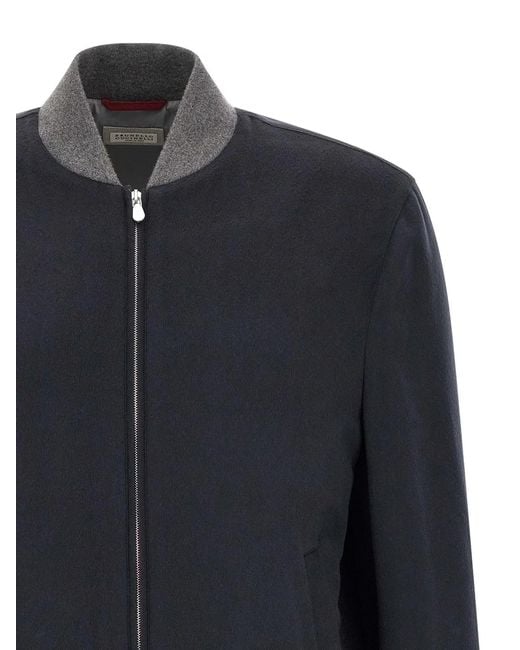 Brunello Cucinelli Blue Light Flannel Bomber Jacket for men