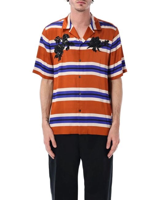 Dries Van Noten Blue Striped Floral Embroidery Shirt for men