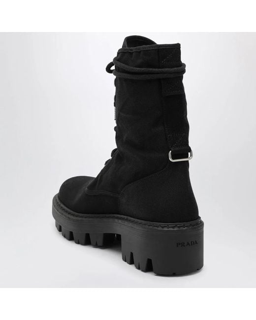 Prada Black Canvas Laceup Ankle Boots