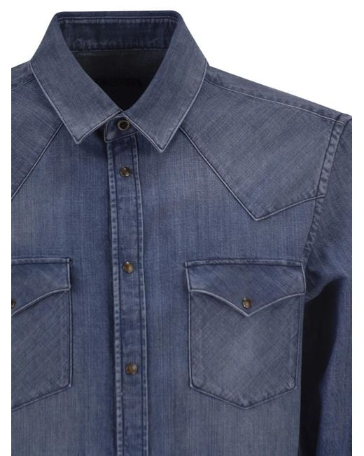 Peserico Blue Lightweight Cotton Denim Shirt With Patch Pockets for men