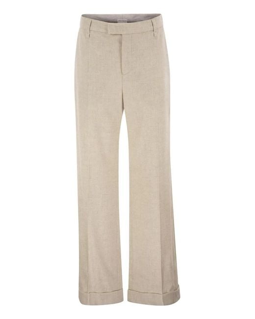 Brunello Cucinelli Natural Virgin Wool And Cashmere Tailored Trousers With Turn-Up Hem