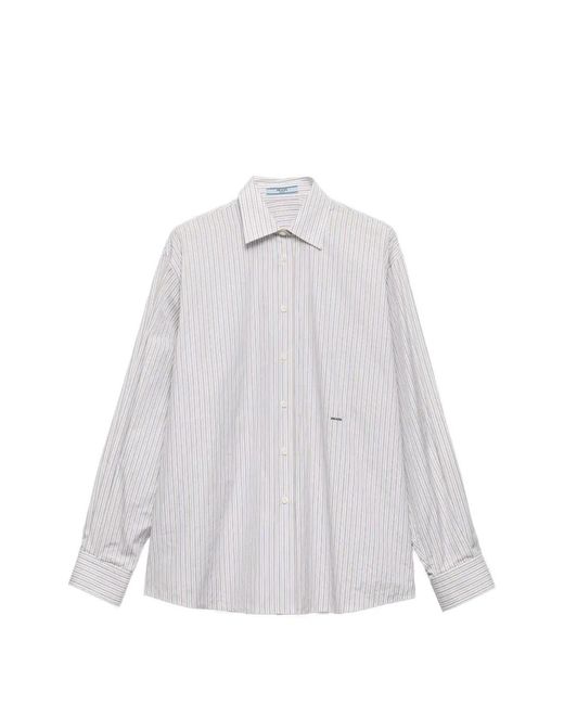Prada White Embroidered Striped Poplin Shirt