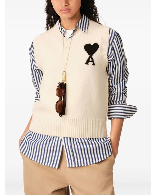 AMI Natural Sleeveless Wool Sweater With Ami De Coeur for men