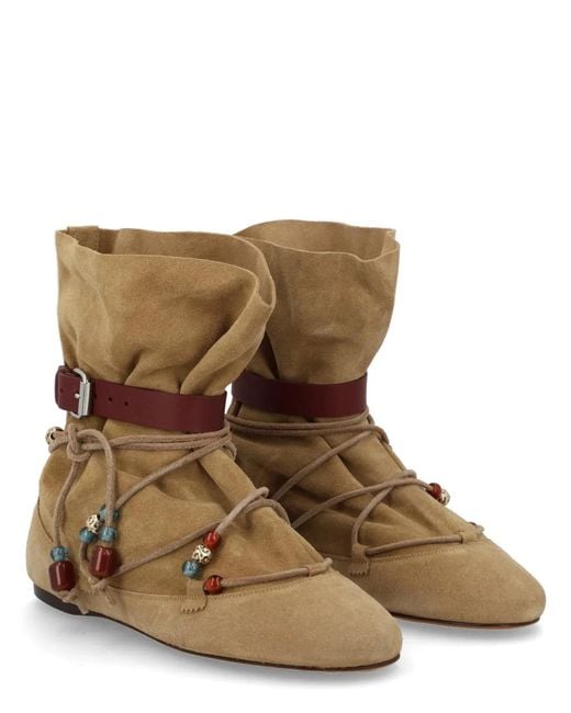 Isabel Marant Natural Suede Slouch Ankle Boots With Beaded Lace-Up Detail