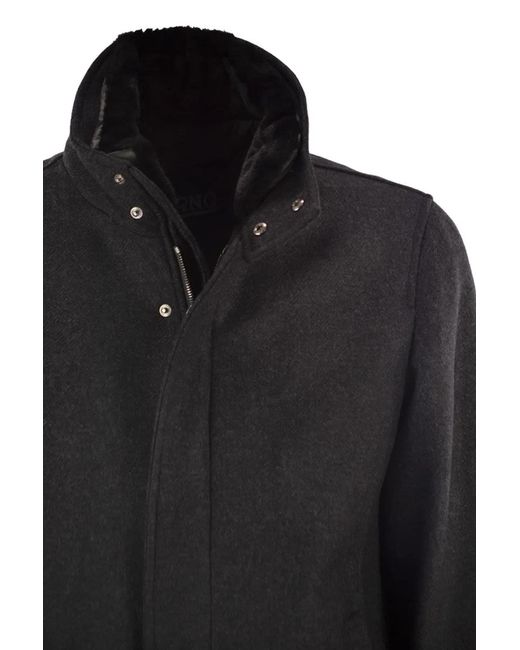 Herno Black Wool Coat With Detachable Collar for men