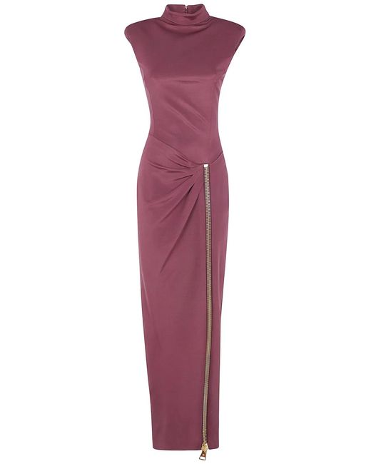 Balmain Purple Zipped Compact Jersey Slit Long Dress