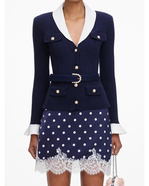 Self-Portrait Blue Ribbed Knit Cardigan