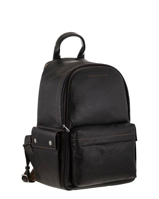 Brunello Cucinelli Black Grained Leather Backpack for men