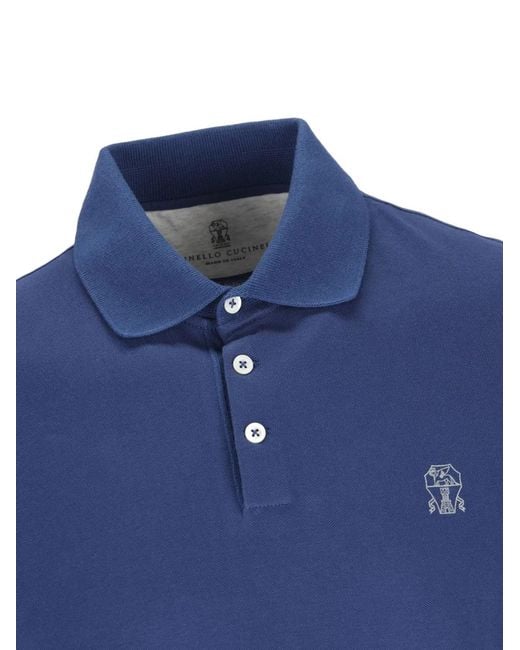 Brunello Cucinelli Blue Cotton Polo Shirt With Printed Logo for men
