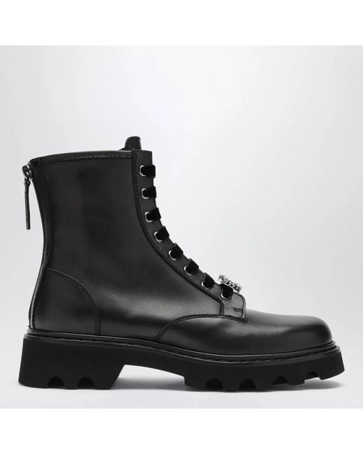 Roger Vivier Black Leather Ankle Boots With Rhinestone Buckle