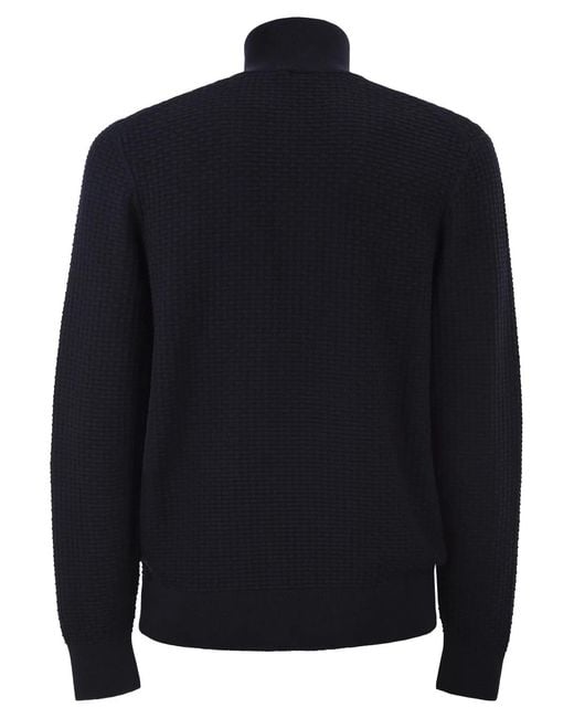 Boss Blue Textured Cotton Sweater With High Neck And Zip for men
