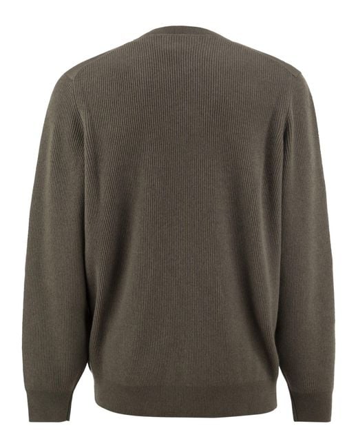 Brunello Cucinelli Gray Pure Cashmere Ribbed Crew-Neck Sweater With Cotton Details for men