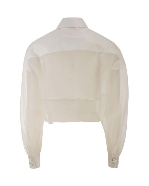 Elisabetta Franchi White Cropped Cotton Shirt With Silk Organza Inserts