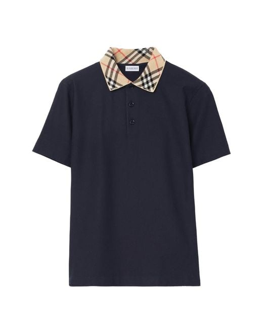Burberry Blue Check-Collar Cotton Polo Shirt for men