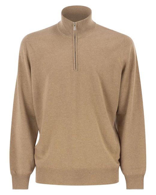 Brunello Cucinelli Brown Cashmere Turtleneck Sweater With Zipper for men