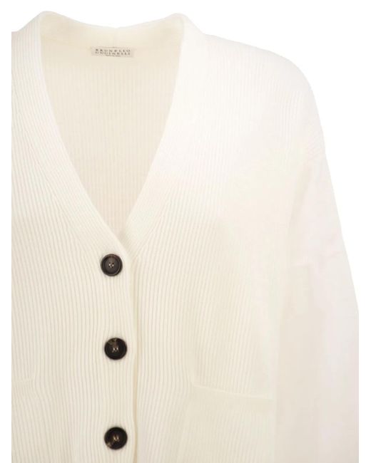 Brunello Cucinelli White Ribbed Cardigan With Organza Sleeves