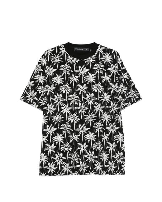 Karl Lagerfeld Black Palm-Print T-Shirt for men