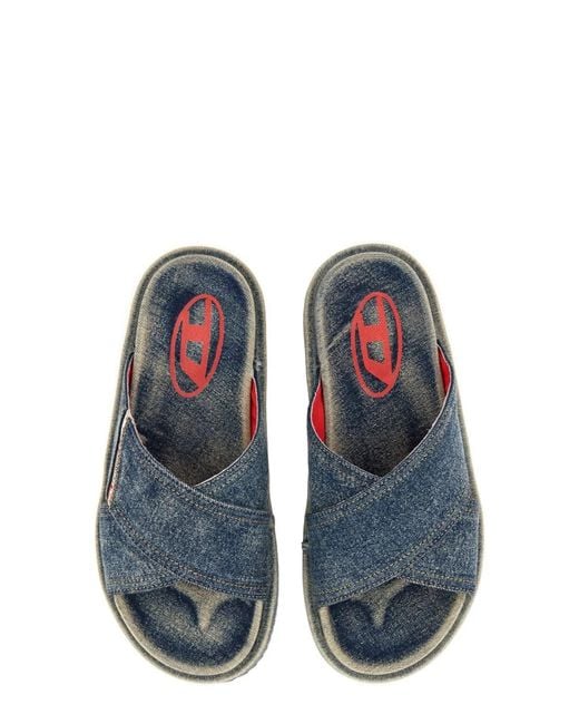 DIESEL Blue Denim Slides With Criss Cross Straps