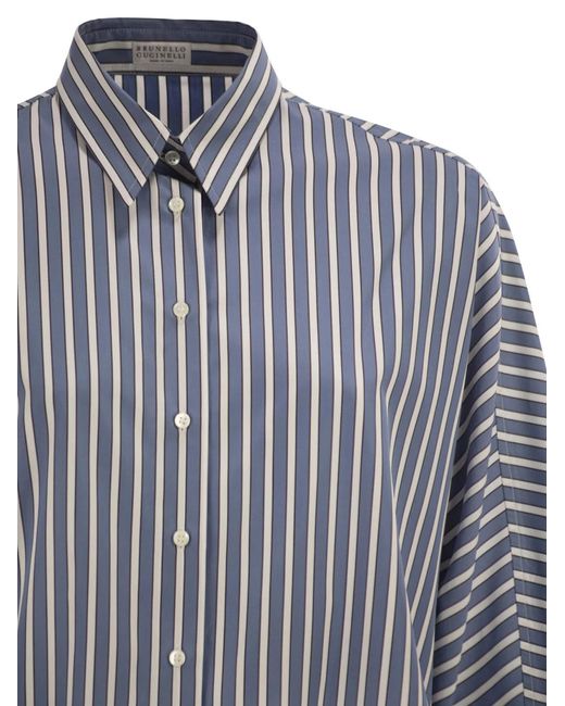 Brunello Cucinelli Blue Vertical Striped Cotton Shirt