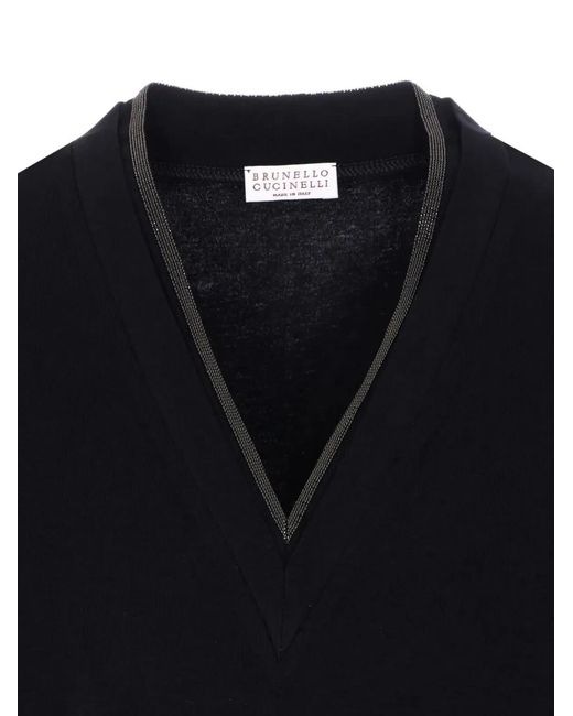 Brunello Cucinelli Black Monili Trim V-Neck Cotton T-Shirt