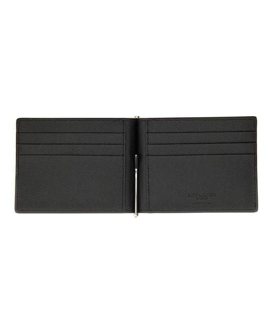 Saint Laurent Black Calfskin Card Case With Money Clip And 6 Card Slots for men