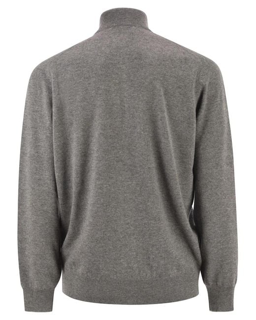 Brunello Cucinelli Gray High-Necked Cashmere Cardigan With Zip for men