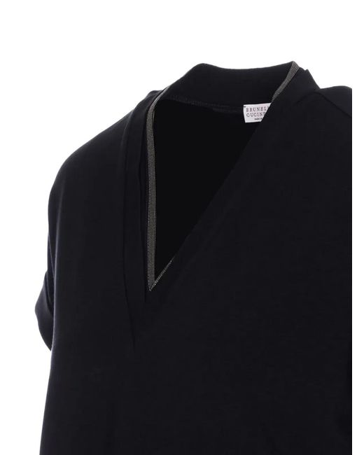 Brunello Cucinelli Black Monili Trim V-Neck Cotton T-Shirt