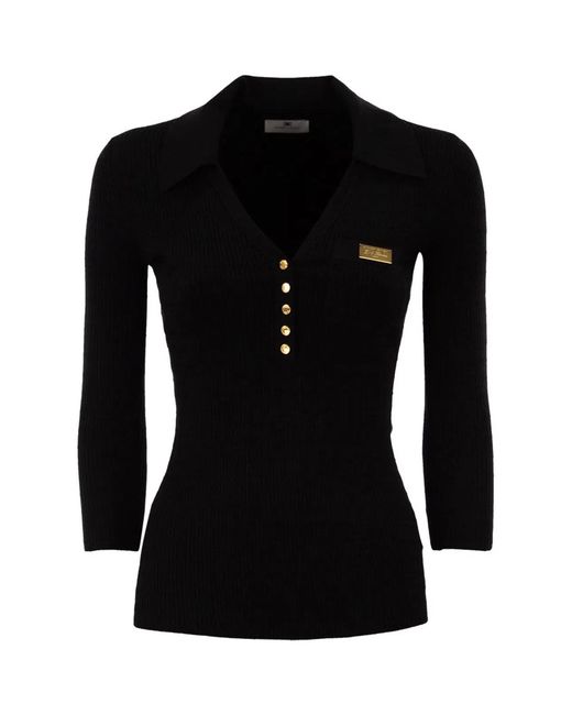 Elisabetta Franchi Black Micro-Cable Knit Polo Shirt